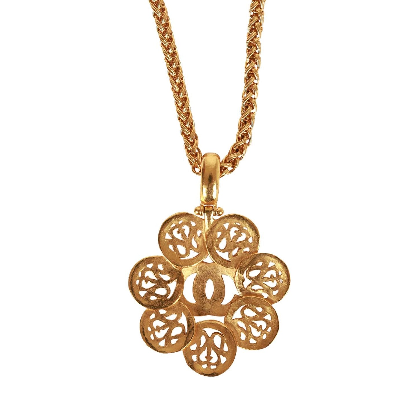Chanel Vintage 24K Gold Plated Large Byzantine Flower CC Pendant Necklace