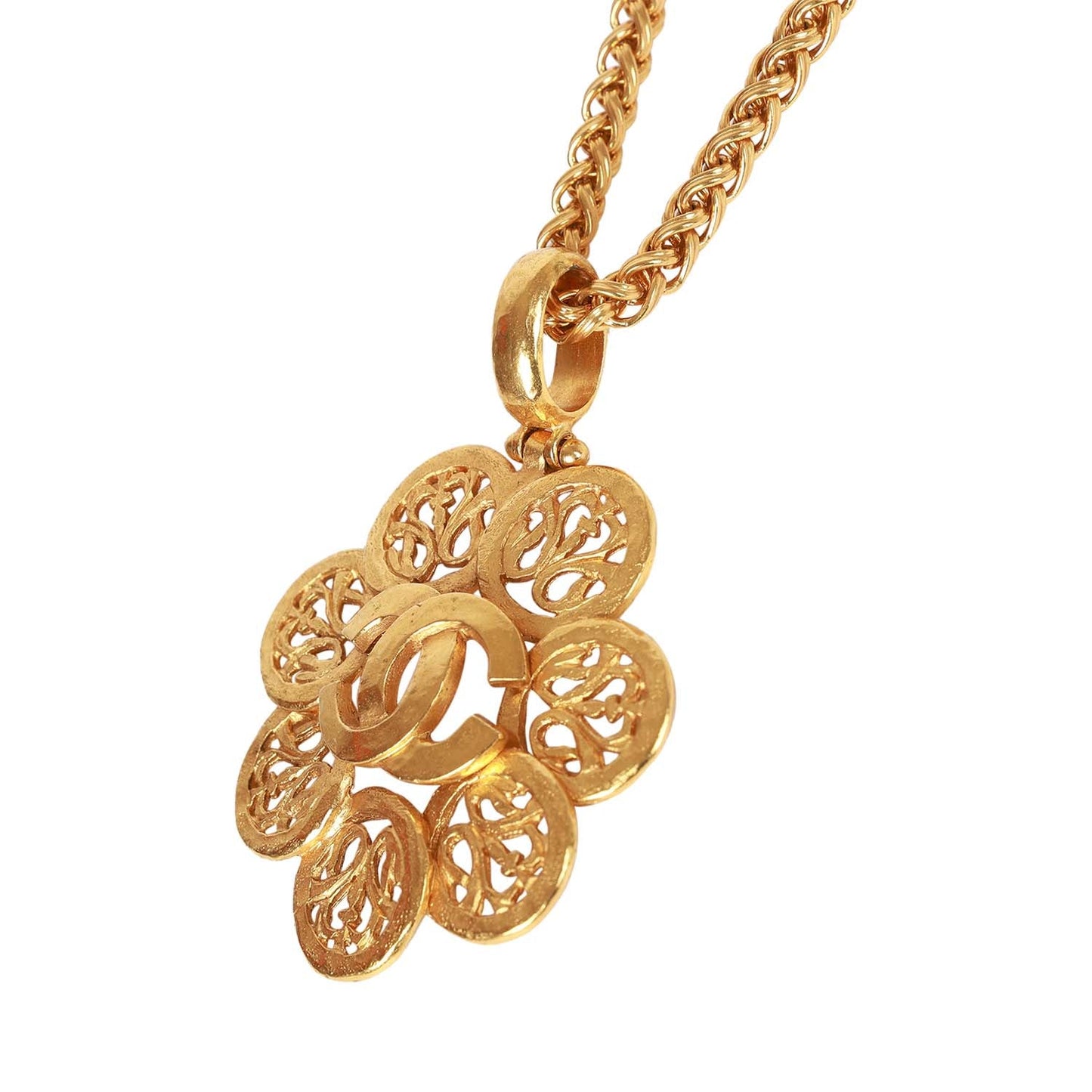 Chanel Vintage 24K Gold Plated Large Byzantine Flower CC Pendant Necklace