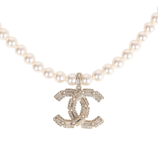 Chanel Faux Pearl Short Crystal CC Pendant Necklace