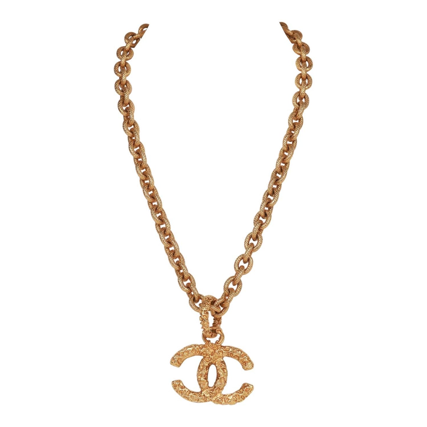 Chanel Vintage 24K Gold Plated Gold Lava CC Pendant Necklace