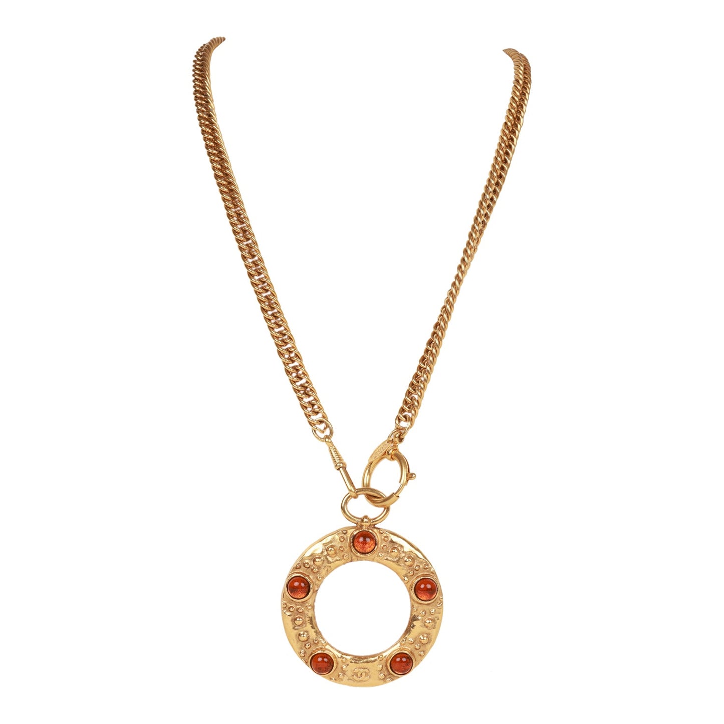 Chanel Vintage 24K Gold Plated Amber Gripoix Loupe Pendant Necklace