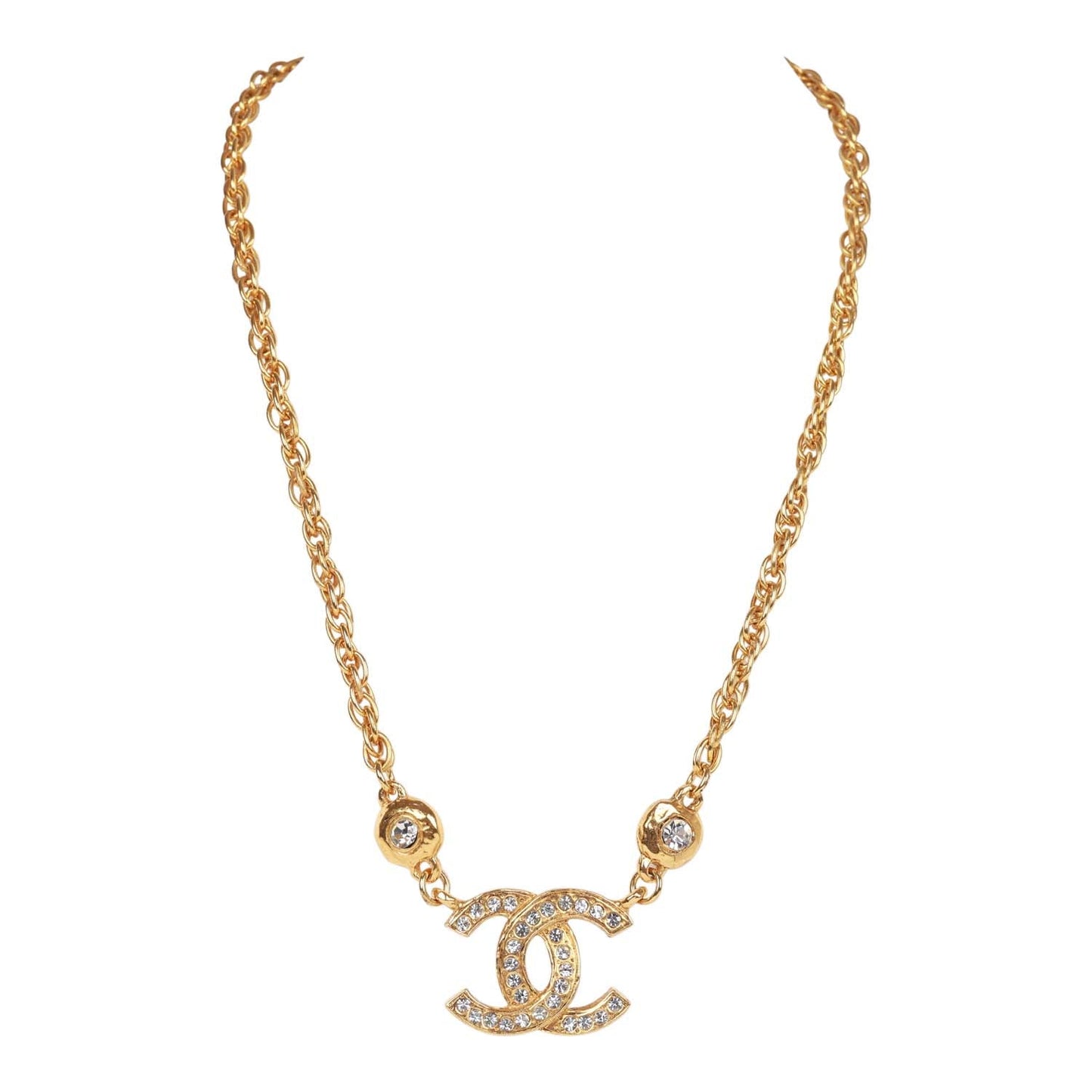 Chanel Vintage 24K Gold Plated Crystal Signature CC Logo Necklace