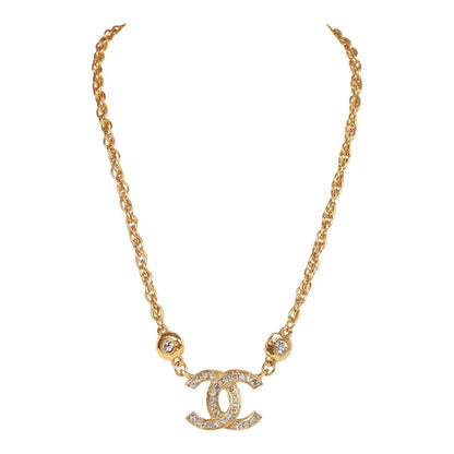 Chanel Vintage 24K Gold Plated Crystal Signature CC Logo Necklace