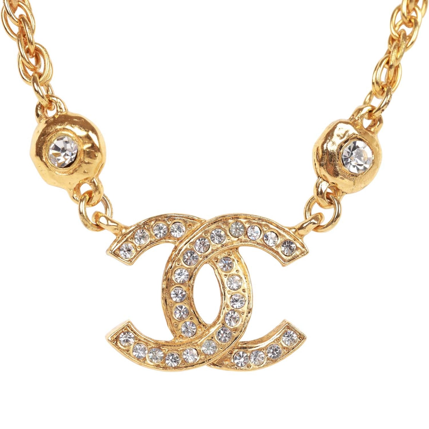 Chanel Vintage 24K Gold Plated Crystal Signature CC Logo Necklace