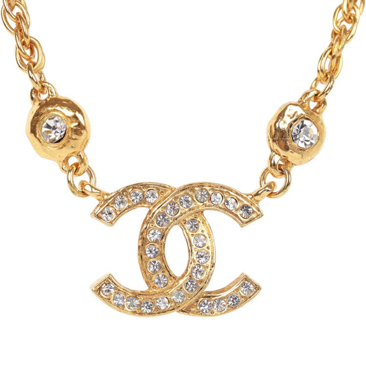Chanel Vintage 24K Gold Plated Crystal Signature CC Logo Necklace