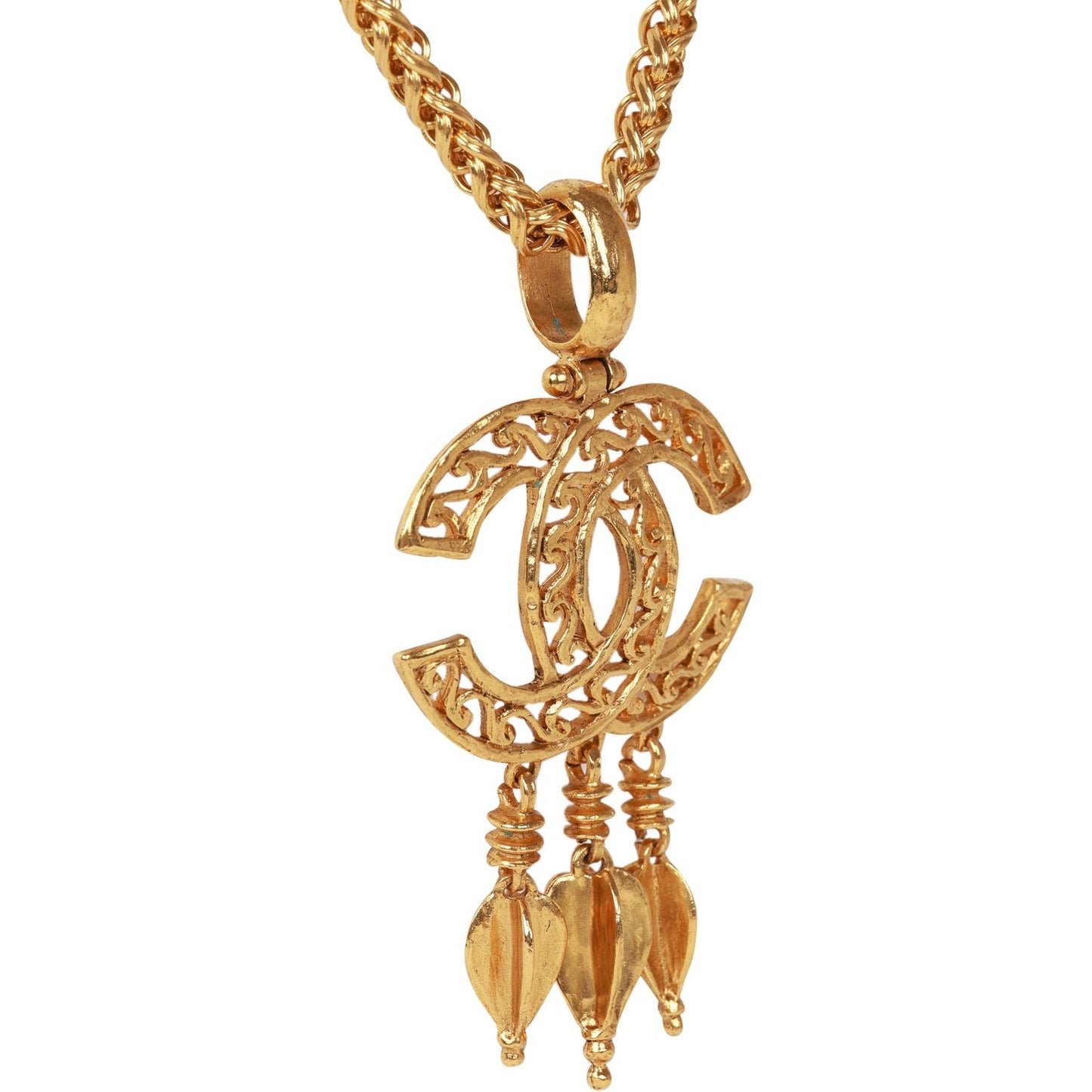 Chanel Vintage Gold Plated Fringe CC Pendant Necklace
