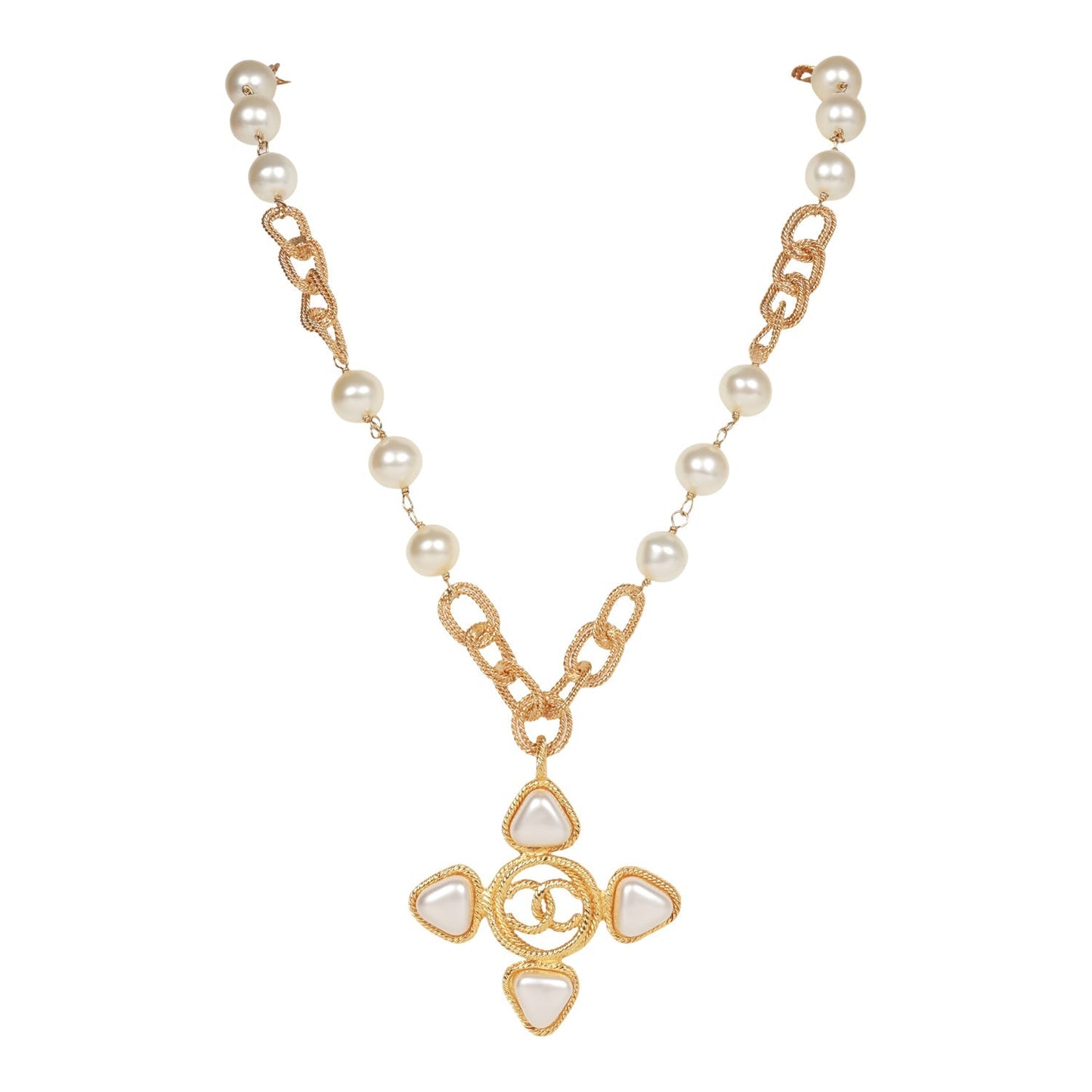 Chanel Vintage Gold Plated CC Faux Pearl Pendant Necklace