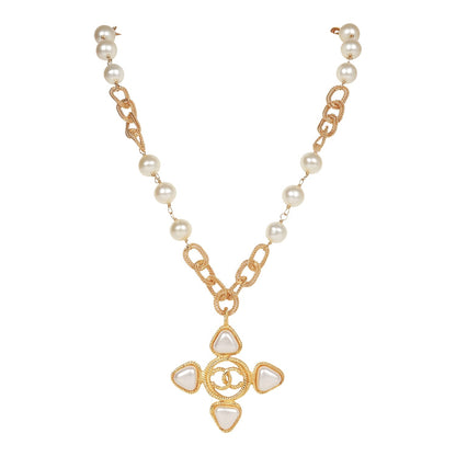 Chanel Vintage Gold Plated CC Faux Pearl Pendant Necklace