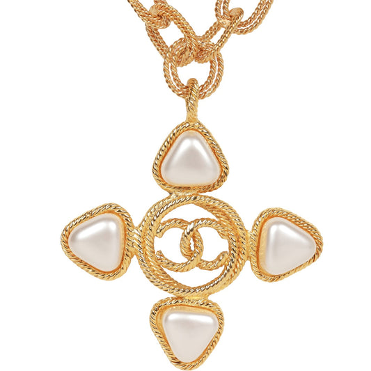 Chanel Vintage Gold Plated CC Faux Pearl Pendant Necklace