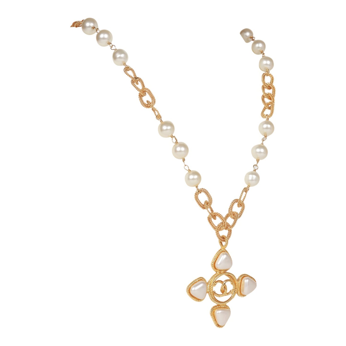 Chanel Vintage Gold Plated CC Faux Pearl Pendant Necklace