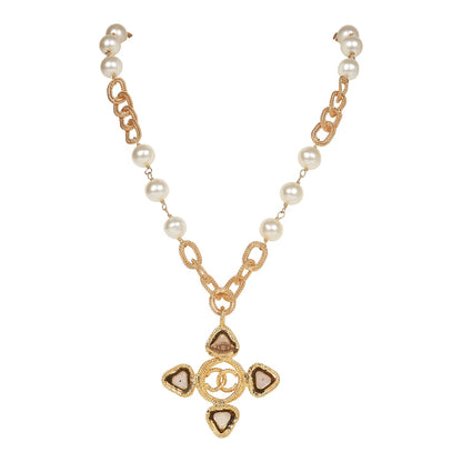 Chanel Vintage Gold Plated CC Faux Pearl Pendant Necklace