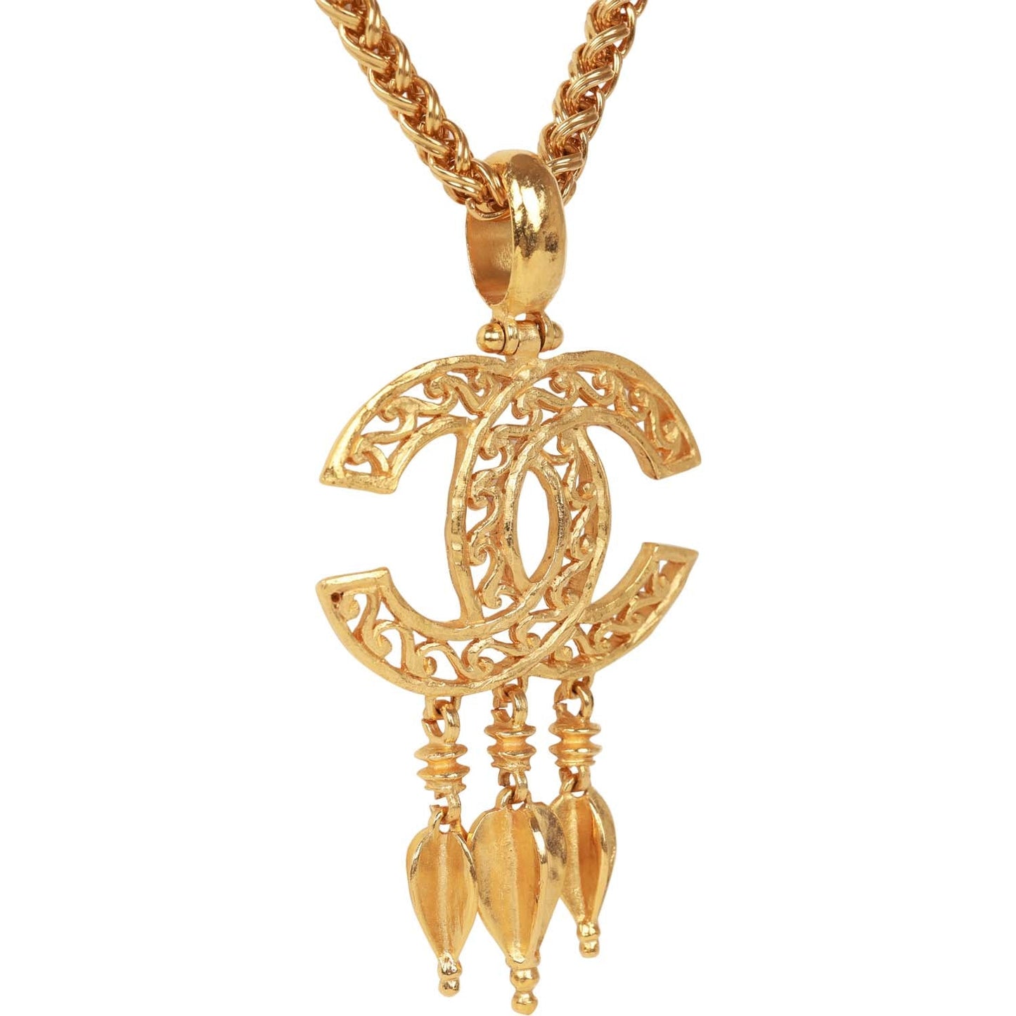 Chanel Vintage 24K Gold Plated Filigree Cut-Out CC Pendant Necklace