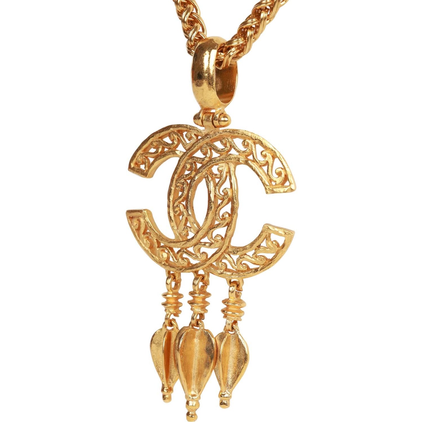 Chanel Vintage 24K Gold Plated Filigree Cut-Out CC Pendant Necklace