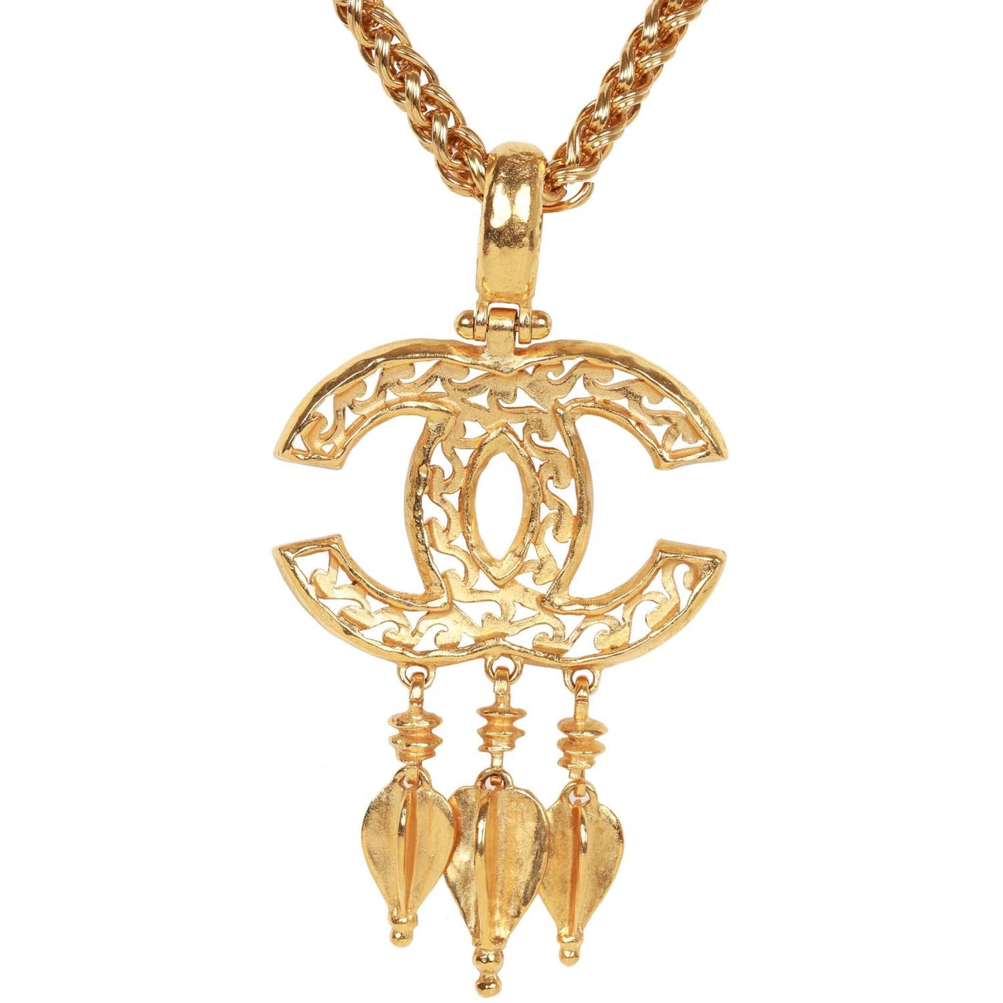 Chanel Vintage 24K Gold Plated Filigree Cut-Out CC Pendant Necklace