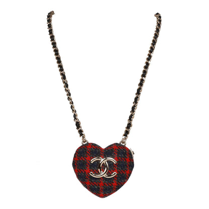 Chanel Red and Blue Plaid Heart Necklace Locket Light Gold Hardware