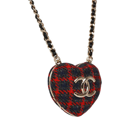 Chanel Red and Blue Plaid Heart Necklace Locket Light Gold Hardware