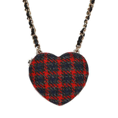 Chanel Red and Blue Plaid Heart Necklace Locket Light Gold Hardware
