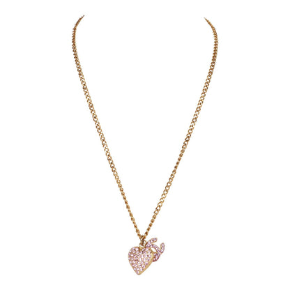 Chanel Vintage Gold Plated Pink Rhinestone CC Heart Pendant Necklace