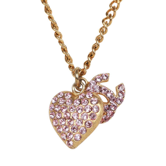 Chanel Vintage Gold Plated Pink Rhinestone CC Heart Pendant Necklace