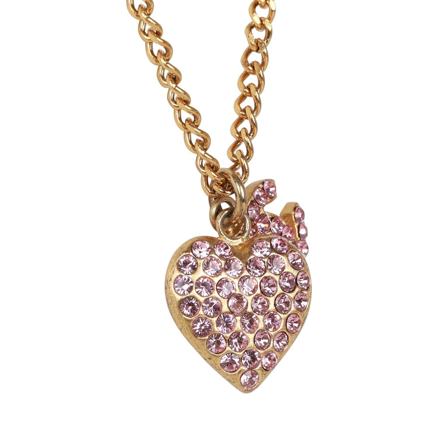 Chanel Vintage Gold Plated Pink Rhinestone CC Heart Pendant Necklace