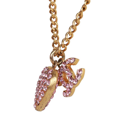 Chanel Vintage Gold Plated Pink Rhinestone CC Heart Pendant Necklace