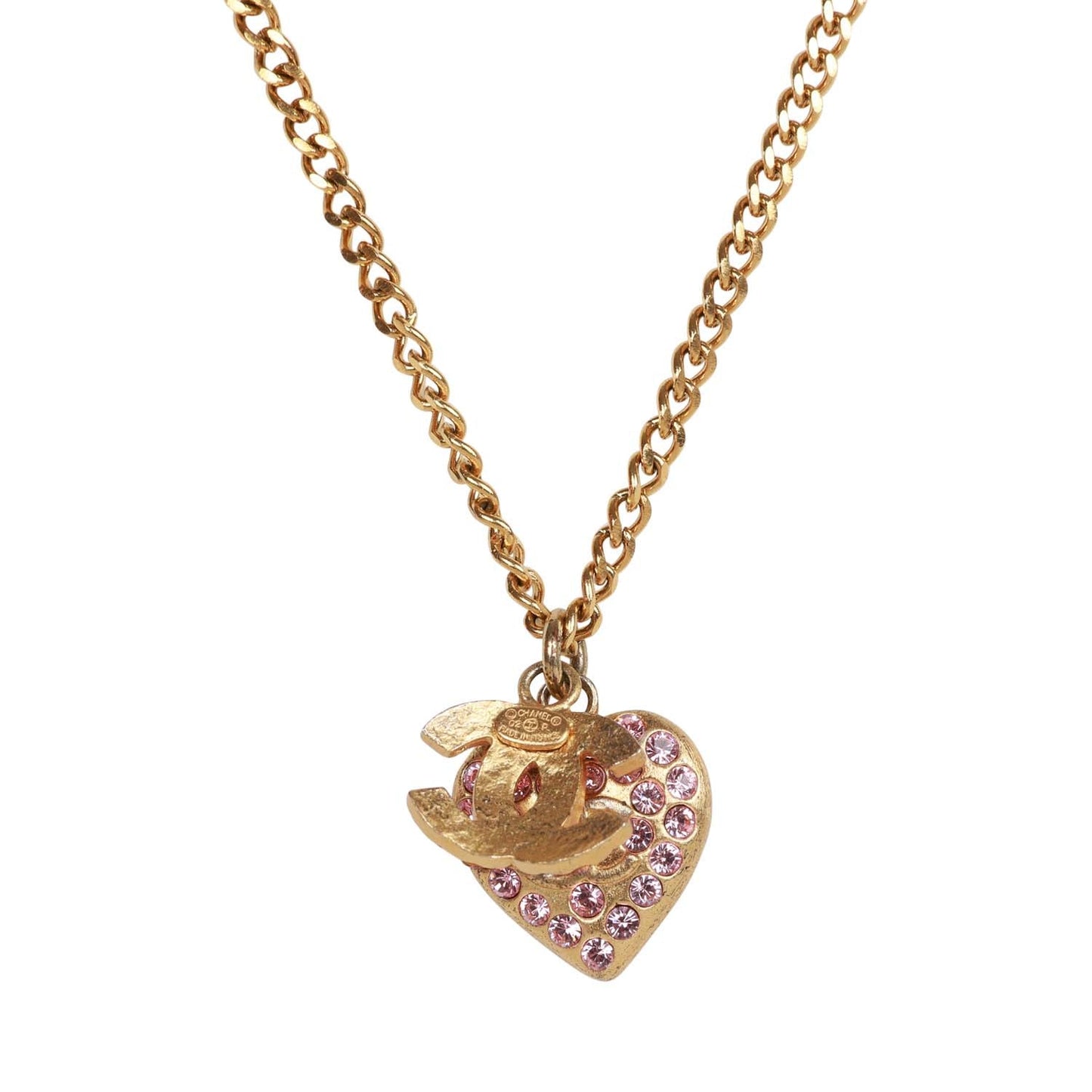 Chanel Vintage Gold Plated Pink Rhinestone CC Heart Pendant Necklace