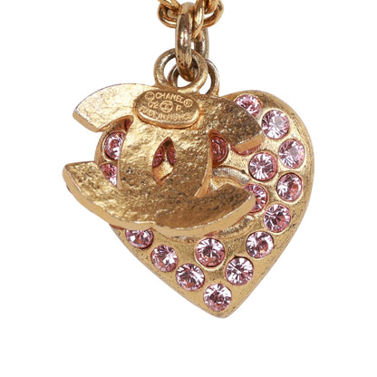 Chanel Vintage Gold Plated Pink Rhinestone CC Heart Pendant Necklace