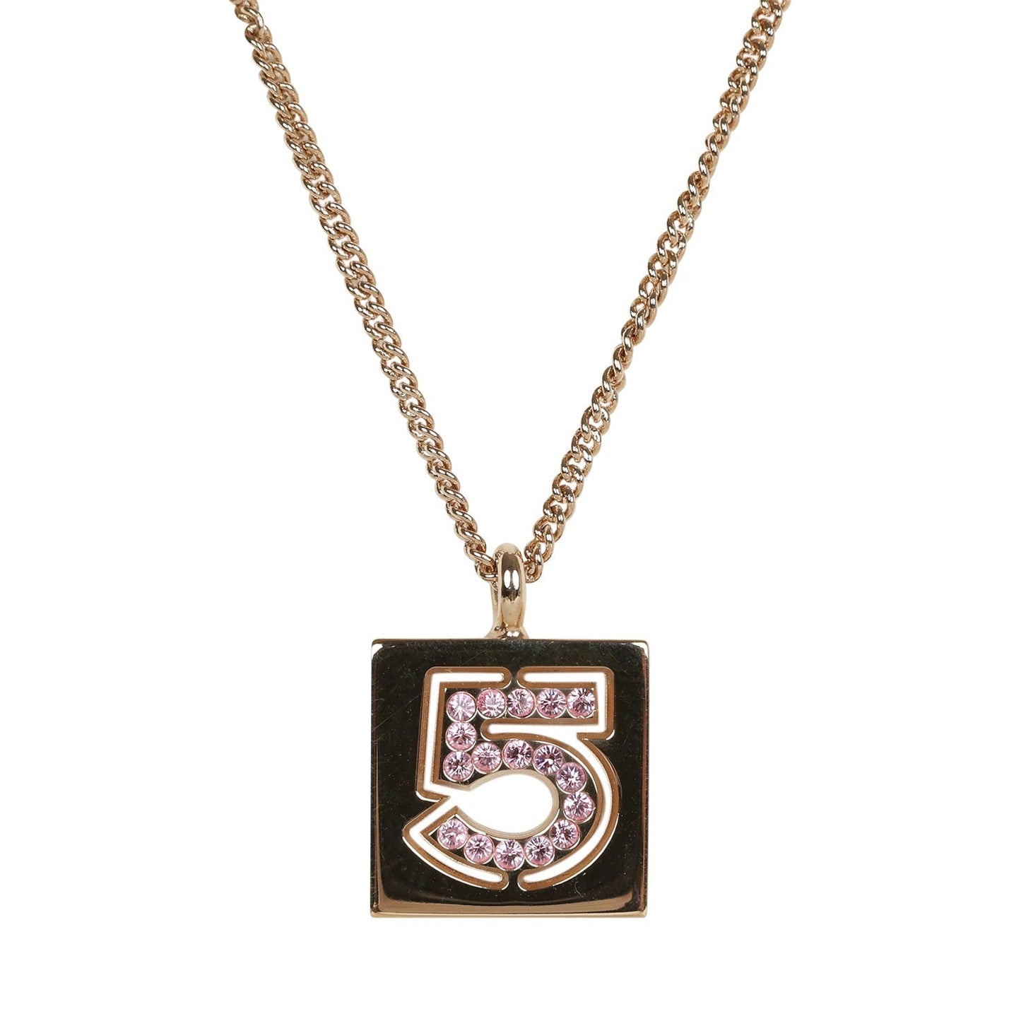 Chanel Vintage 24K Gold Plated Pink No.5 Rhinestone Pendant Necklace