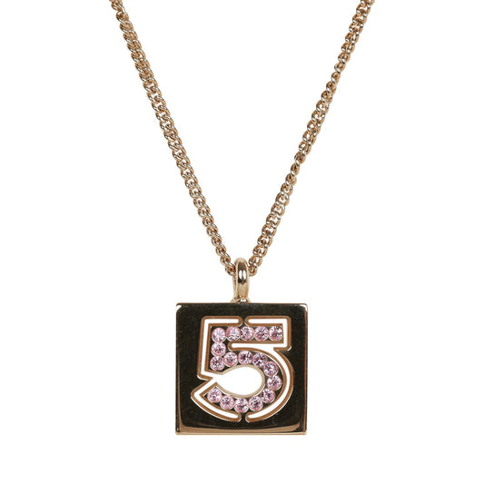 Chanel Vintage 24K Gold Plated Pink No.5 Rhinestone Pendant Necklace