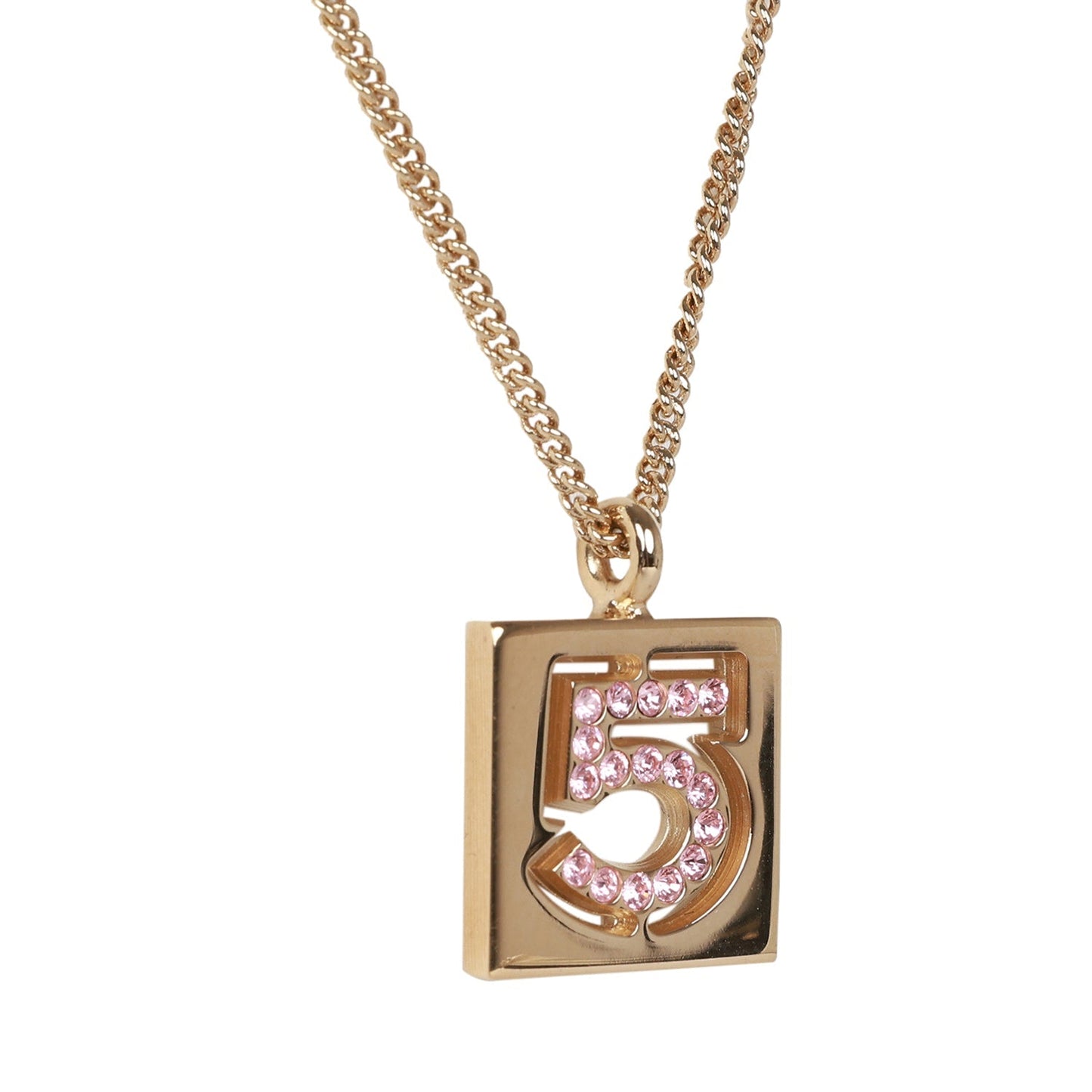 Chanel Vintage 24K Gold Plated Pink No.5 Rhinestone Pendant Necklace