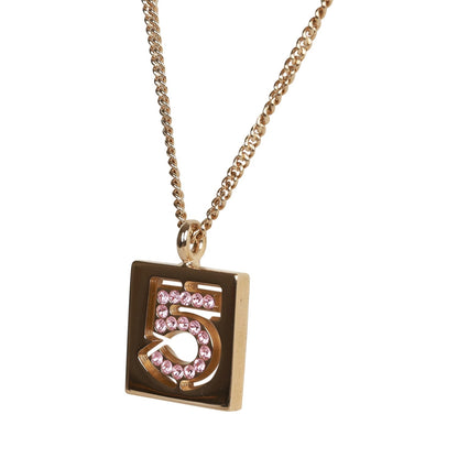 Chanel Vintage 24K Gold Plated Pink No.5 Rhinestone Pendant Necklace