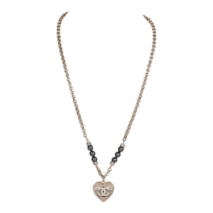 Chanel Black and Silver CC Crystal Heart Pendant Necklace