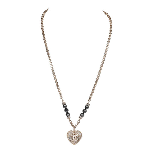 Chanel Black and Silver CC Crystal Heart Pendant Necklace