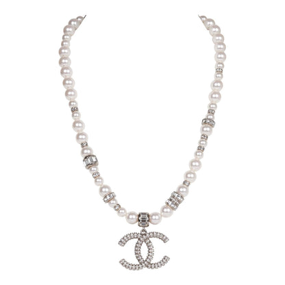 Chanel Faux Pearl and Crystal Silver CC Pendant Necklace