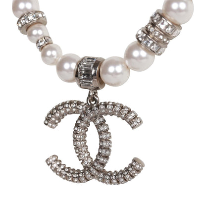 Chanel Faux Pearl and Crystal Silver CC Pendant Necklace