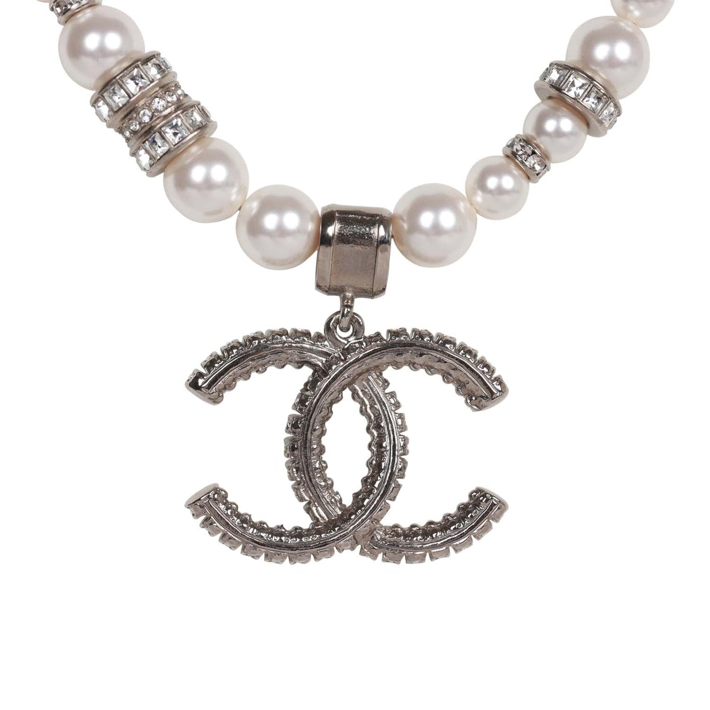 Chanel Faux Pearl and Crystal Silver CC Pendant Necklace