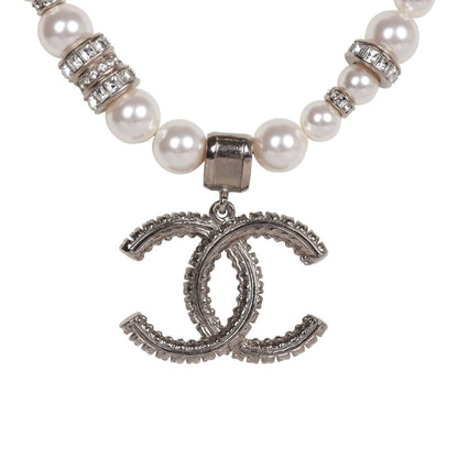 Chanel Faux Pearl and Crystal Silver CC Pendant Necklace