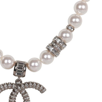 Chanel Faux Pearl and Crystal Silver CC Pendant Necklace