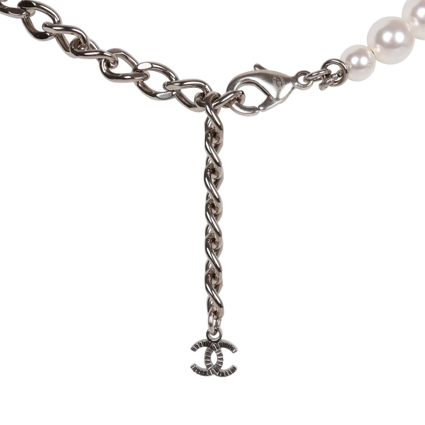 Chanel Faux Pearl and Crystal Silver CC Pendant Necklace