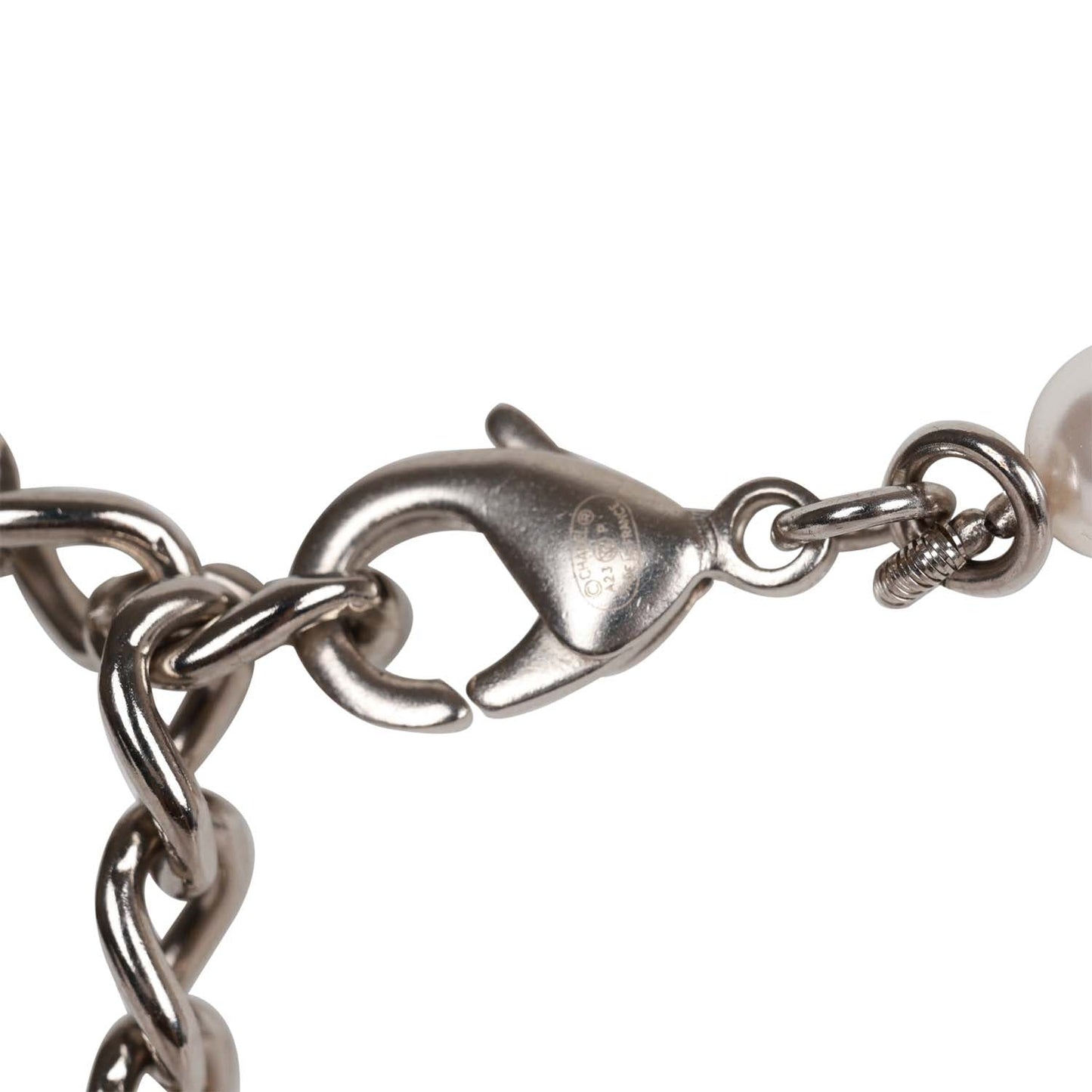 Chanel Faux Pearl and Crystal Silver CC Pendant Necklace