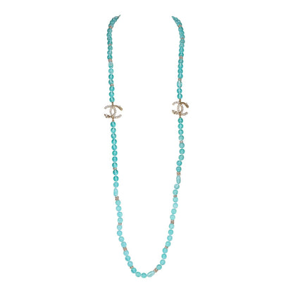 Chanel Teal Gripoix Beaded Necklace Gold Metal and White Strass CC Logos