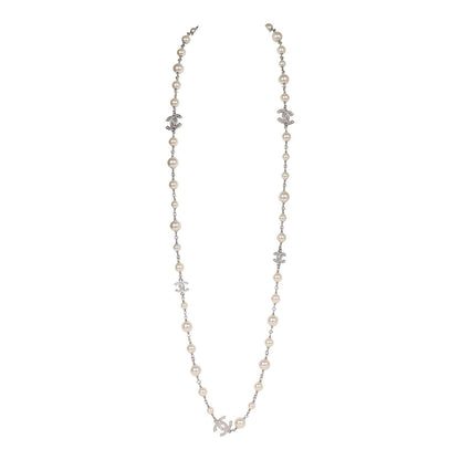 Chanel Silver Metal, White Strass, and White Pearl Logo Sautoir Necklace