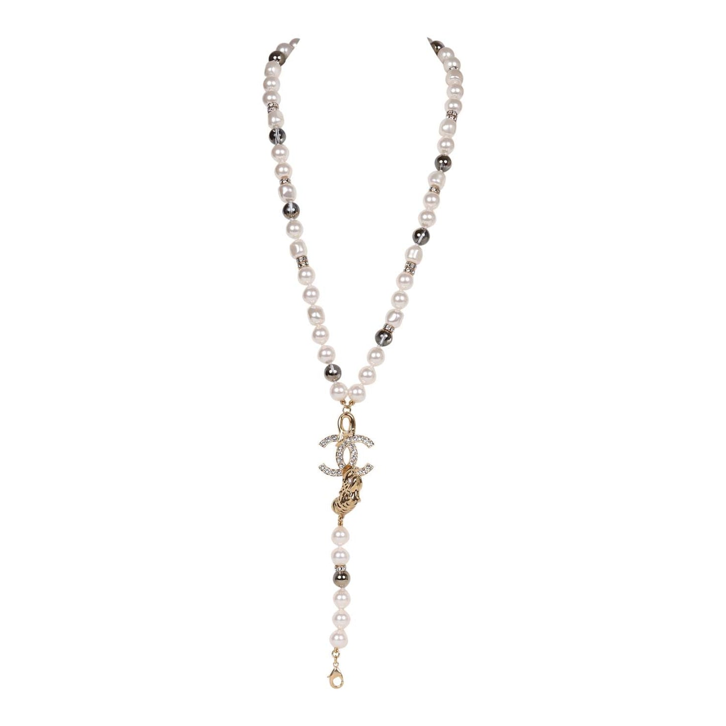 Chanel Layered Pearl, Gripoix, and Strass Gold Metal Fish Head Logo Necklace