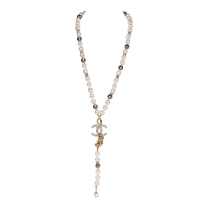 Chanel Layered Pearl, Gripoix, and Strass Gold Metal Fish Head Logo Necklace