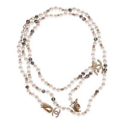 Chanel Long Pearl Necklace with Clear Gripoix, Strass, and Gold