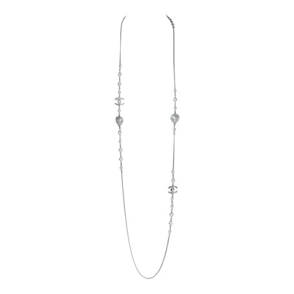 Chanel Silver Metal, White Strass, and White Pearl Logo and Hearts Sautoir Necklace