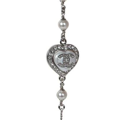 Chanel Silver Metal, White Strass, and White Pearl Logo and Hearts Sautoir Necklace