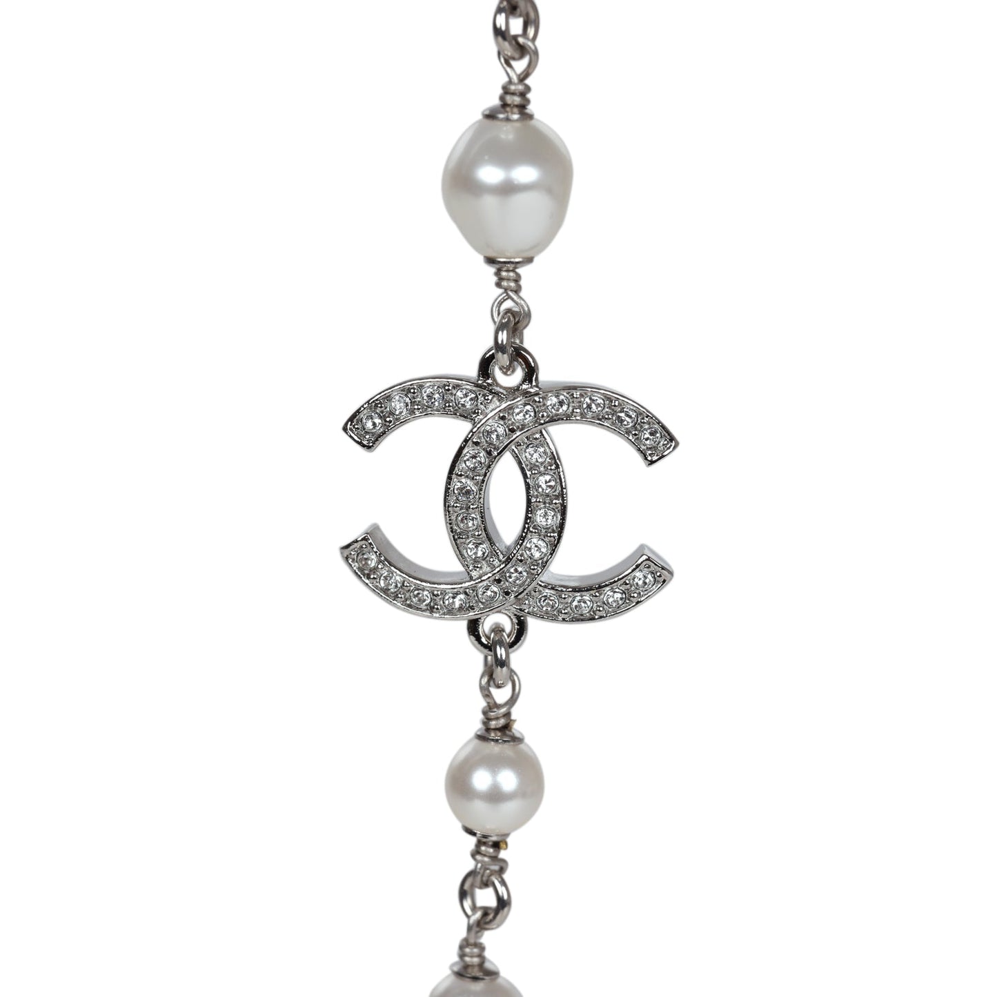 Chanel Silver Metal, White Strass, and White Pearl Logo and Hearts Sautoir Necklace