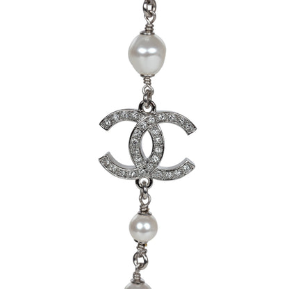 Chanel Silver Metal, White Strass, and White Pearl Logo and Hearts Sautoir Necklace
