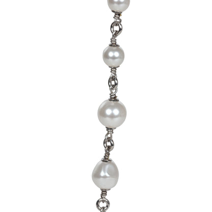 Chanel Silver Metal, White Strass, and White Pearl Logo and Hearts Sautoir Necklace